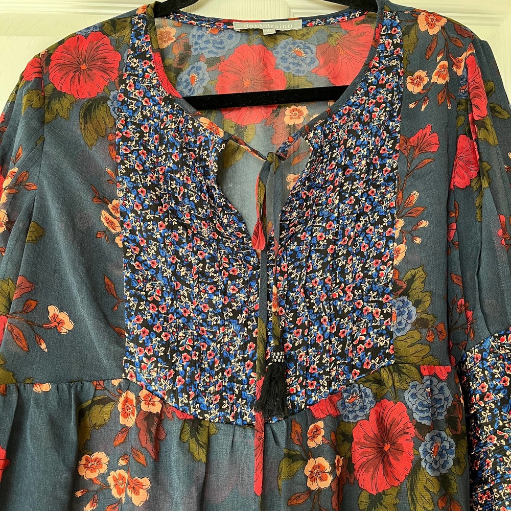 Anthropologie Navy Floral Peasant Blouse with Pink & Red Blossoms - Picture 3 of 6